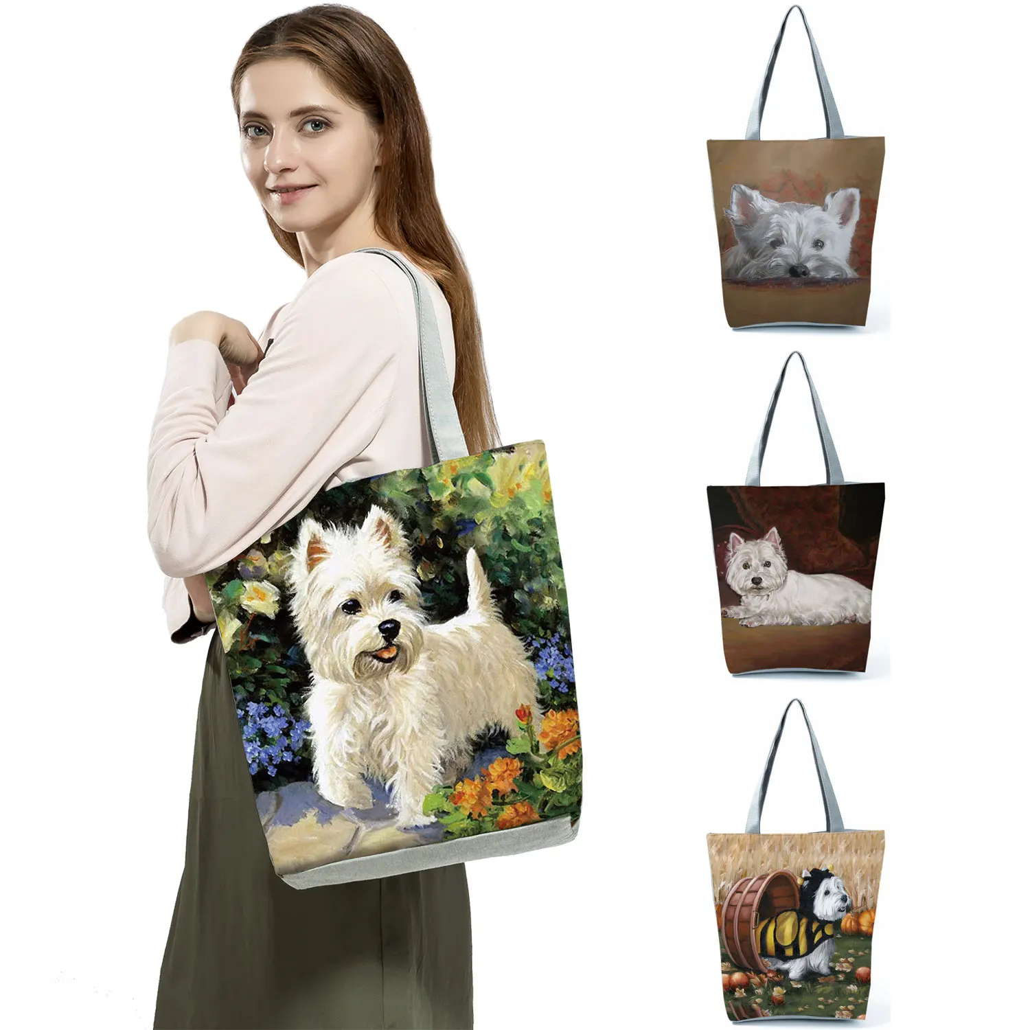 Westie Dog Painti Square Handbags for Women Shopping Shopper Bags Cute Animal Large Capacity Eco Reusable Totes Custom Pattern