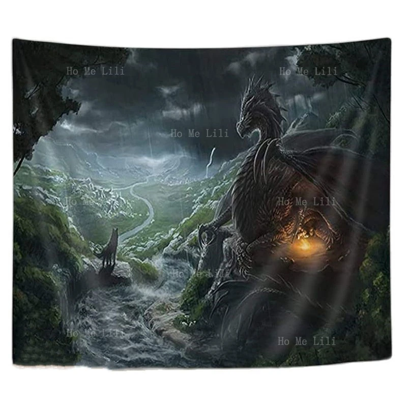 Fantasy Dragon Tapestry 3d Magical Medieval Legendary Monster Wild Animals With Flame On Forest Fairytale Hippie Wall Hanging