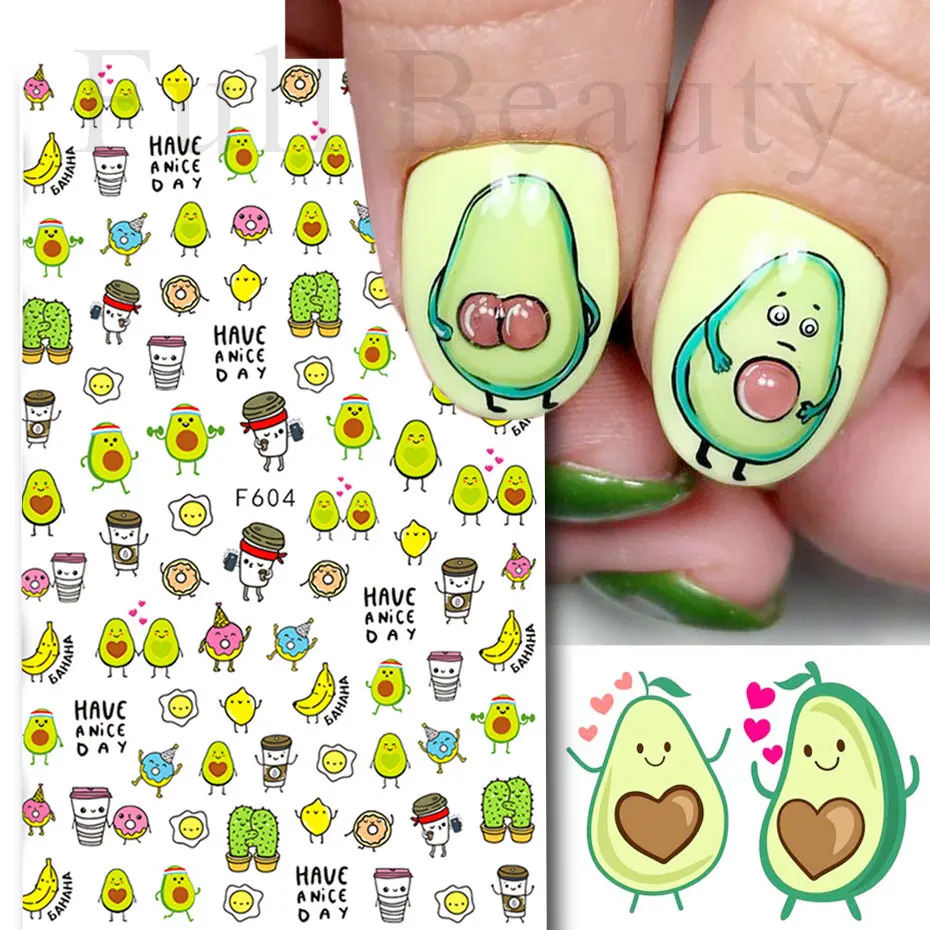 1pcs Avocado Nail Sticker 3D Cute Anime Comic Fruit Slider Green Cartoon Design Self Adhesive Decal Manicure Decoration NLF604