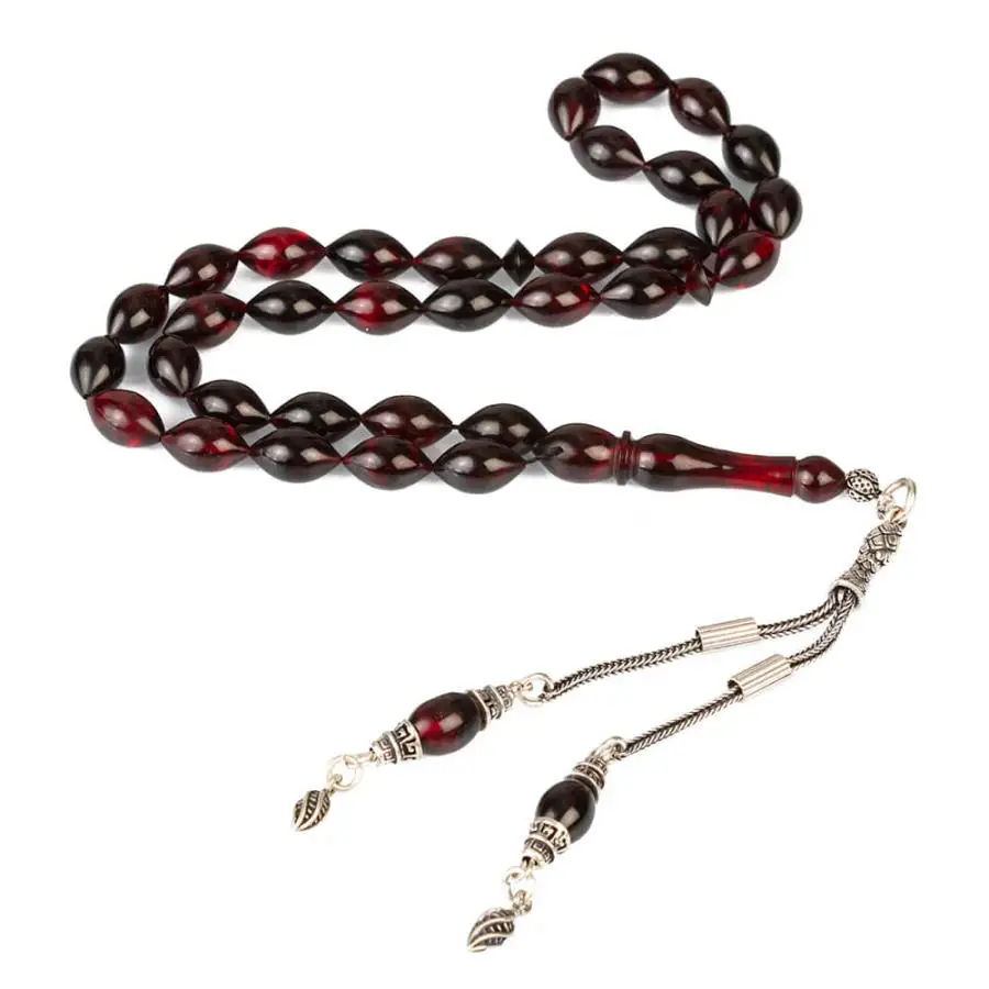 Silver Wavy Red Amber Gemstone Prayer Rosary Men Barley Cut Rosary With Silver Tassel Turkish Tasbih With Leaf Model Tassel