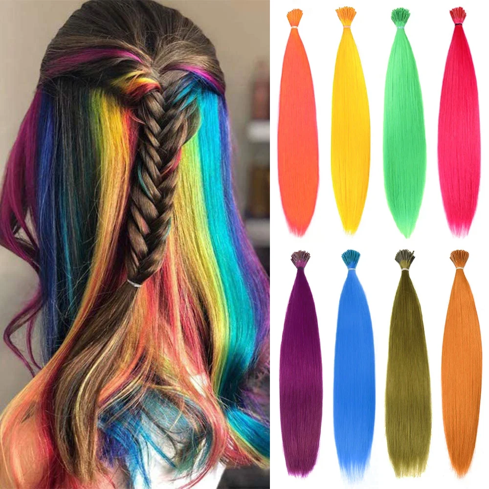 16” No Clip Colorful Invisible Synthetic Hair Extensions I-tip Hairpiece Natural Extension Accessories For Fashion Women