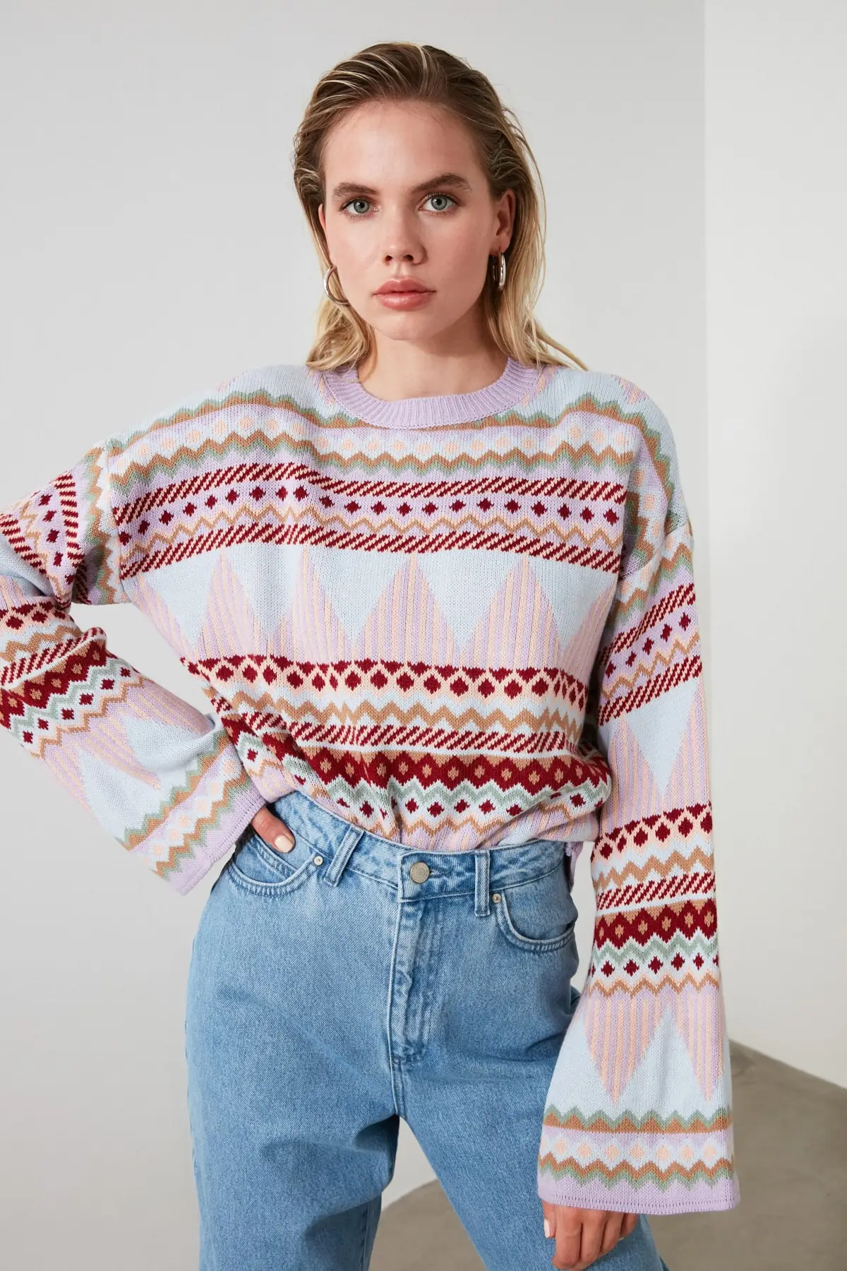 Multi Color Jacquard Knitwear Sweater Vintage New Fashion Fall and Winter Sexy Woman