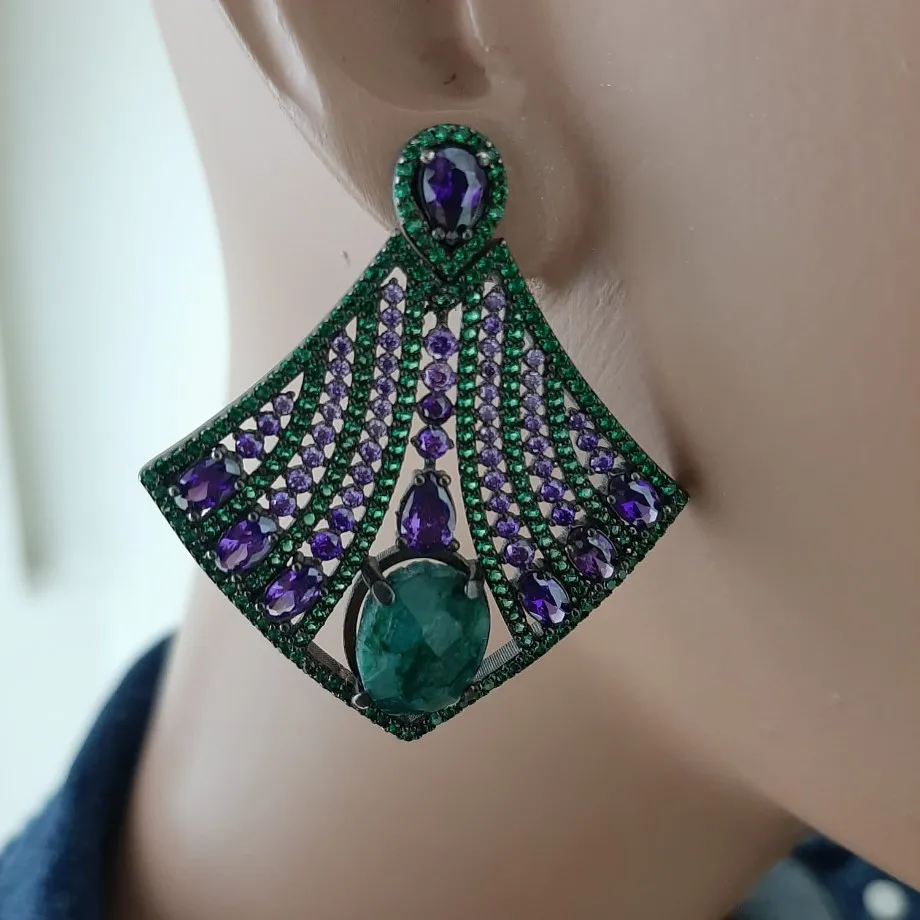 925 Sterling Silver Earrings Green Stone Statement Long Big Boho Cute Dangle Stud Earrings серьги с камнями 925