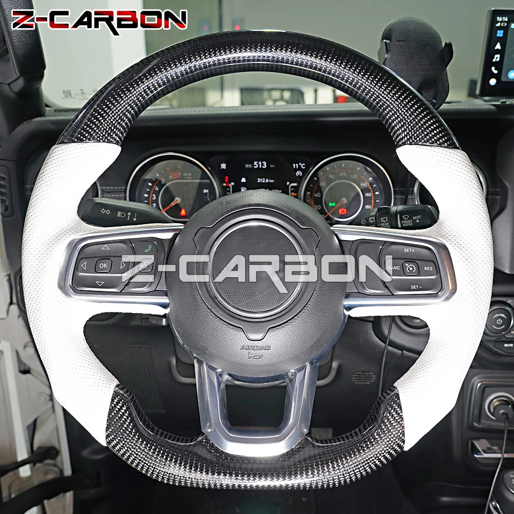 Car LED Racing Carbon Fiber Steering Wheel Fit For Jeep Wrangler JL 18-20 With Heated White Perforated Leather