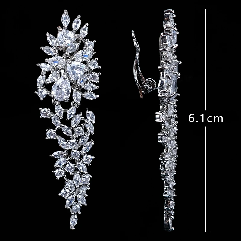 Ekopdee 2022 New Leaf Cubic Zirconia Crystal Women Long Ear Clips Earrings No Piercing Drop Ear Cuff Party Bride Wedding Jewelry