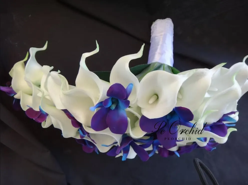 PEORCHID Purple Blue Galaxy Orchid Waterfall Wedding Bouquet artificial Bridal Flowers Calla Lily Teardrop Bouquet Bride Decor