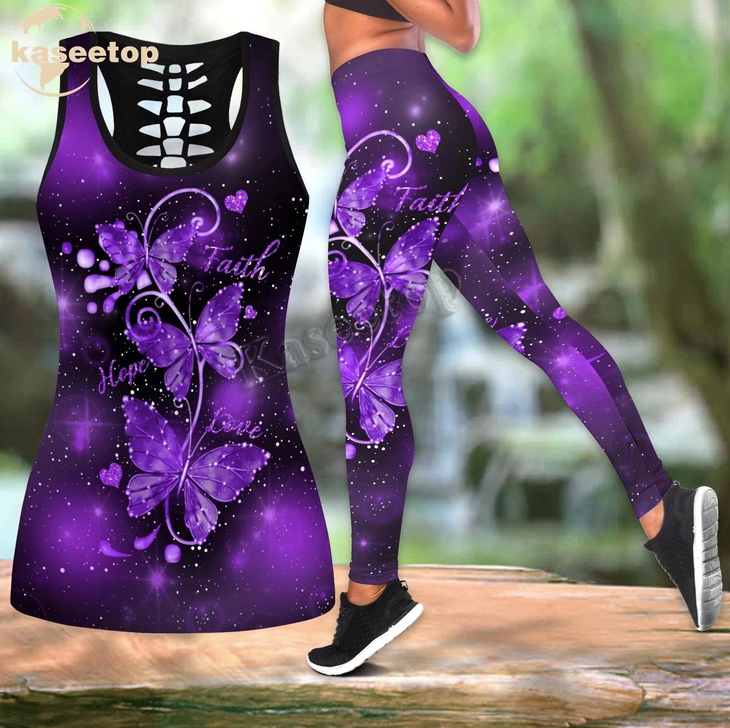 

Beautiful Butterfly 3D Print Women Two Piece Yoga Set Vest Hollow Combo Tank Top Legging Waist Sport Fitness Quick Dry LK332