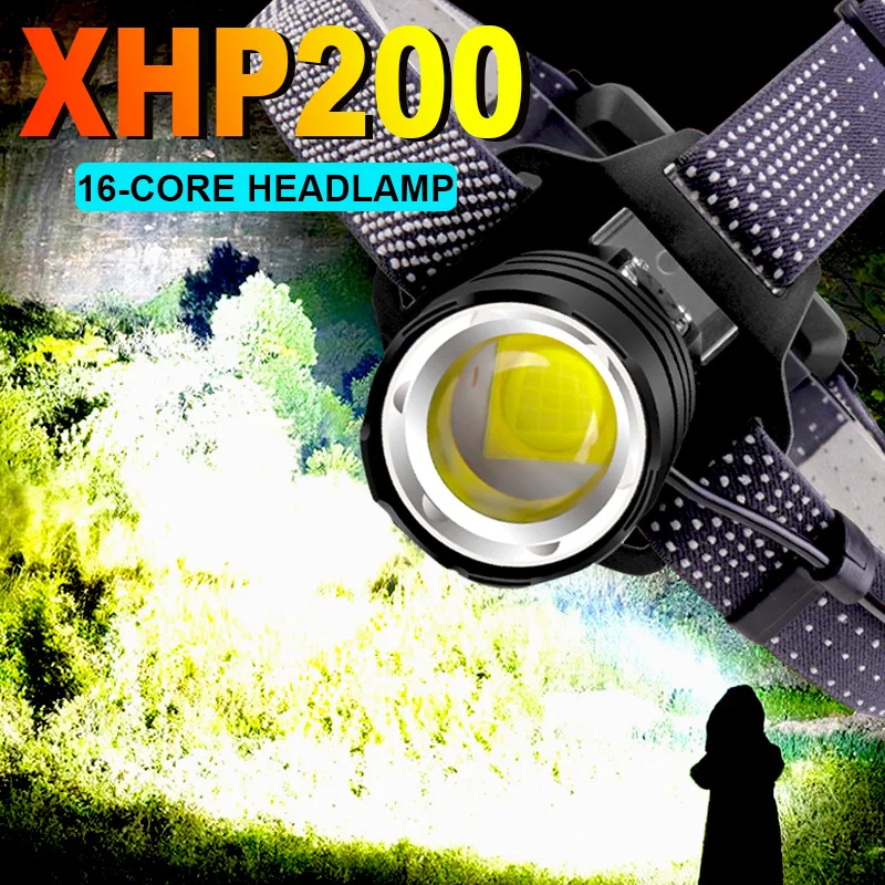 2022 Super XHP200 Powerful Headlamp Rechargeable Head Flashlight High Power Head Lamp 1000Meters Headlight 18650 Fishing Lantern