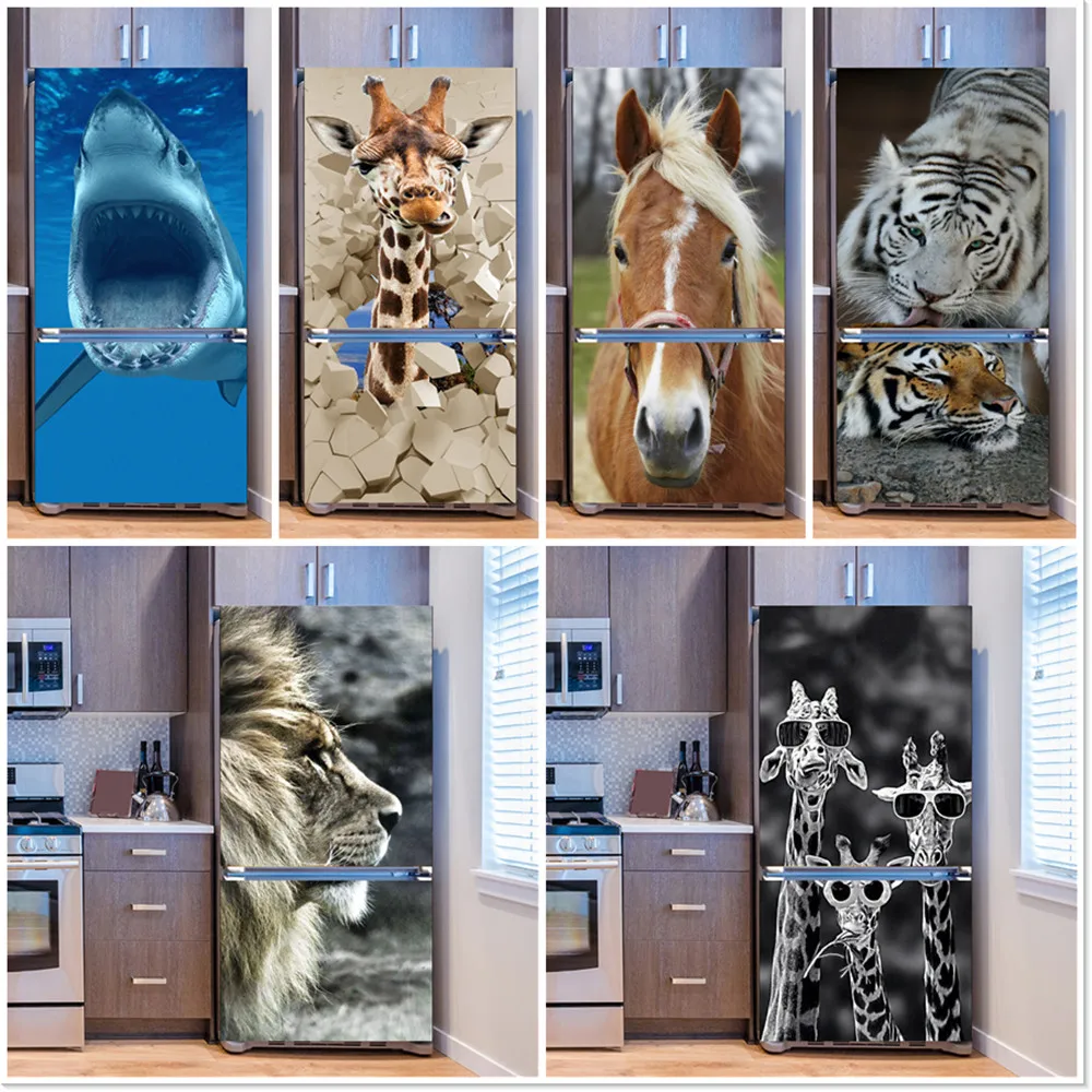 

3D Animals Wallpaper For Fridge Lion Shark Giraffe Poster Single Duplex Door Refrigerator Mural Self Adhesive Freezer DIY Decal