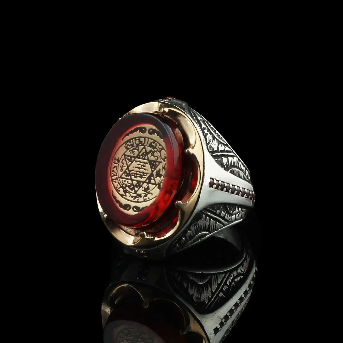 Suleiman's Star Silver Ring, Seal of Solomon Ring with Amber Stone, Star of David Men Ring, Handmade Engraved Suleiman Ring