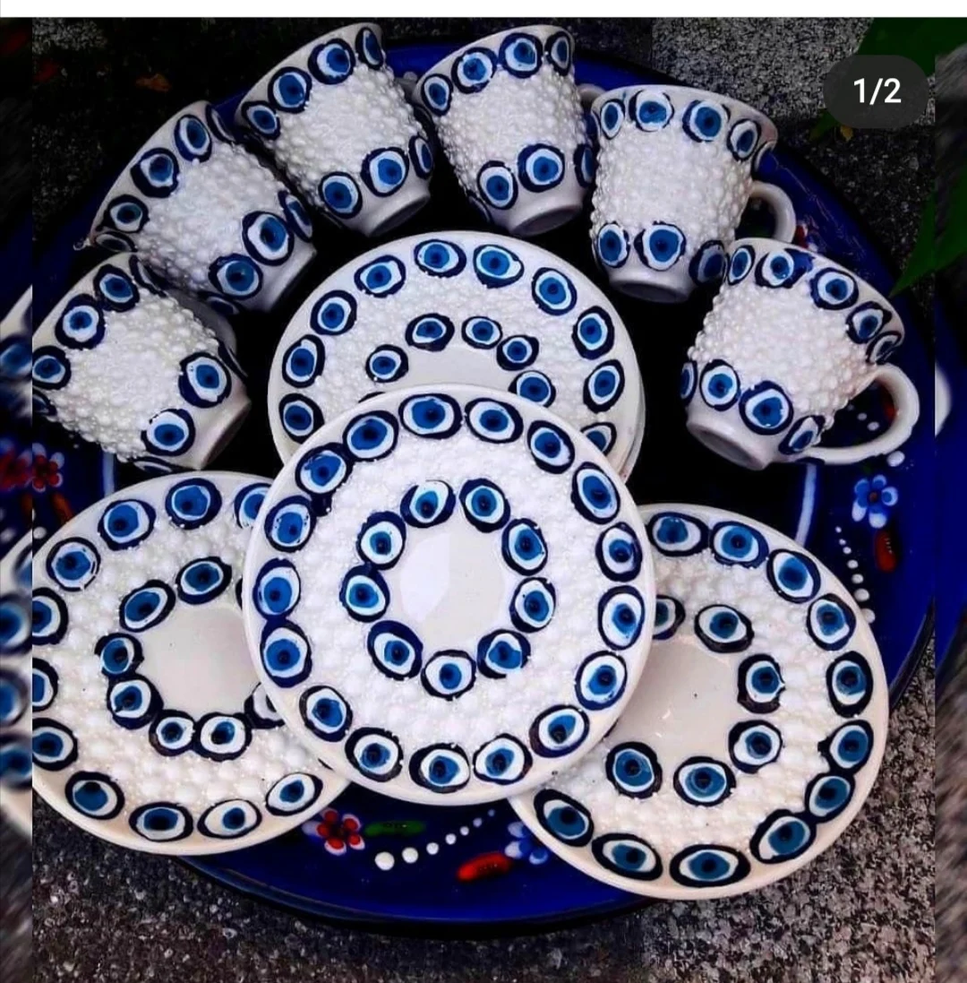 Evil Eye Designed Turkish Ceramic Coffee Set Six Pieces