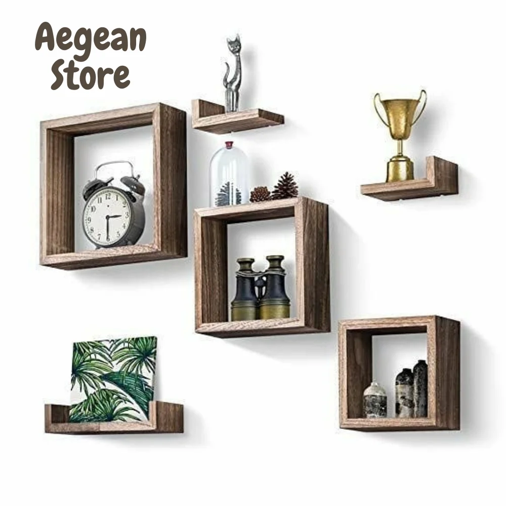 Wooden Decorative Design 3 Pcs Square Wall Shelf Nordic Bookcase Home Rustic Decor Wood Livingroom Office Bathroom Organizer Box Maison Kitchen Household Items Kids Room