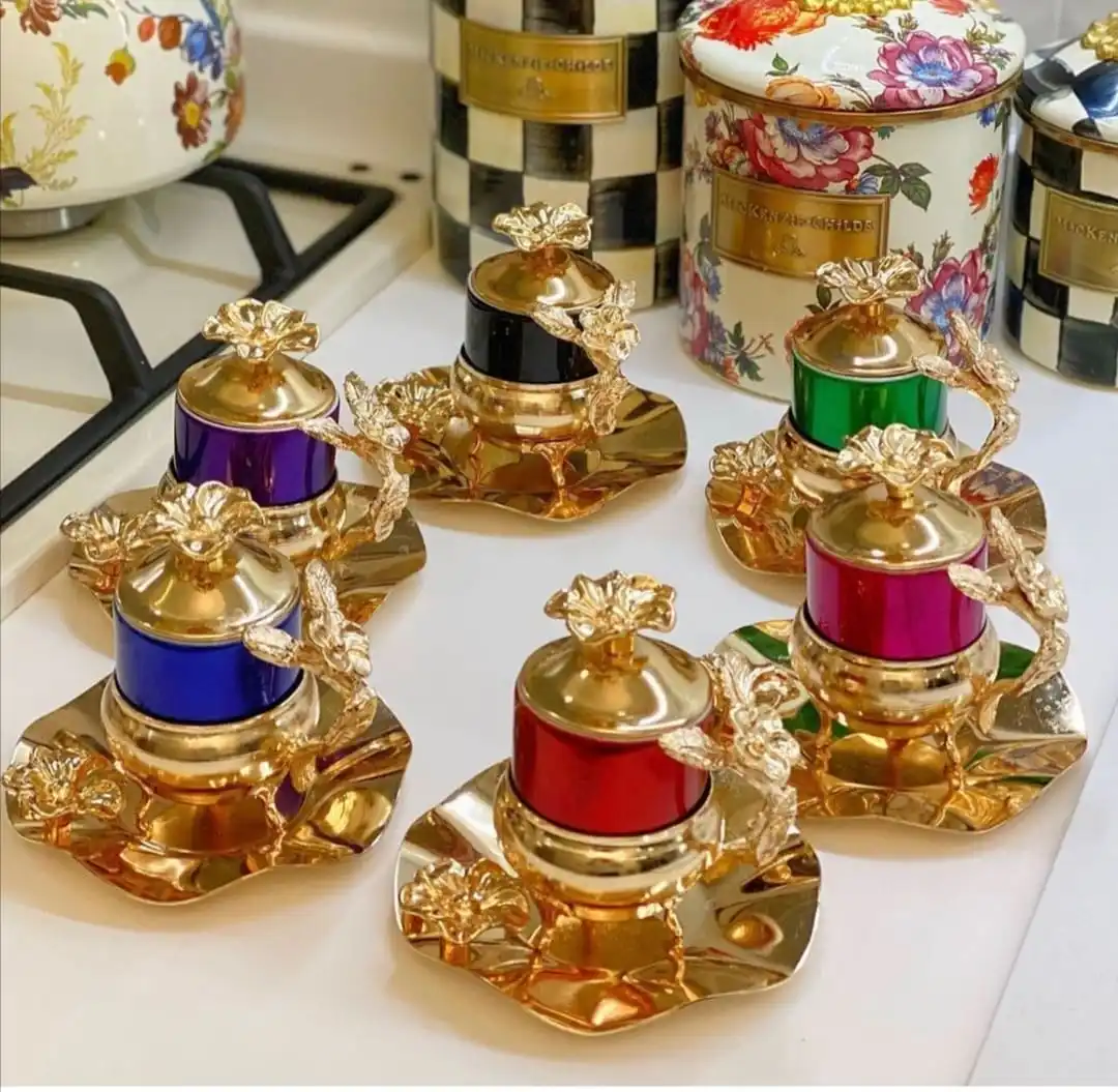 Espresso Filter Turkish Coffee Cup Set Special Production Gold Silver Color 6 Combination Colorful Pieces Japanese Rose High Workmanship And Plated Quality Original Design Gift Presentation Beverage Kitchenware Metal