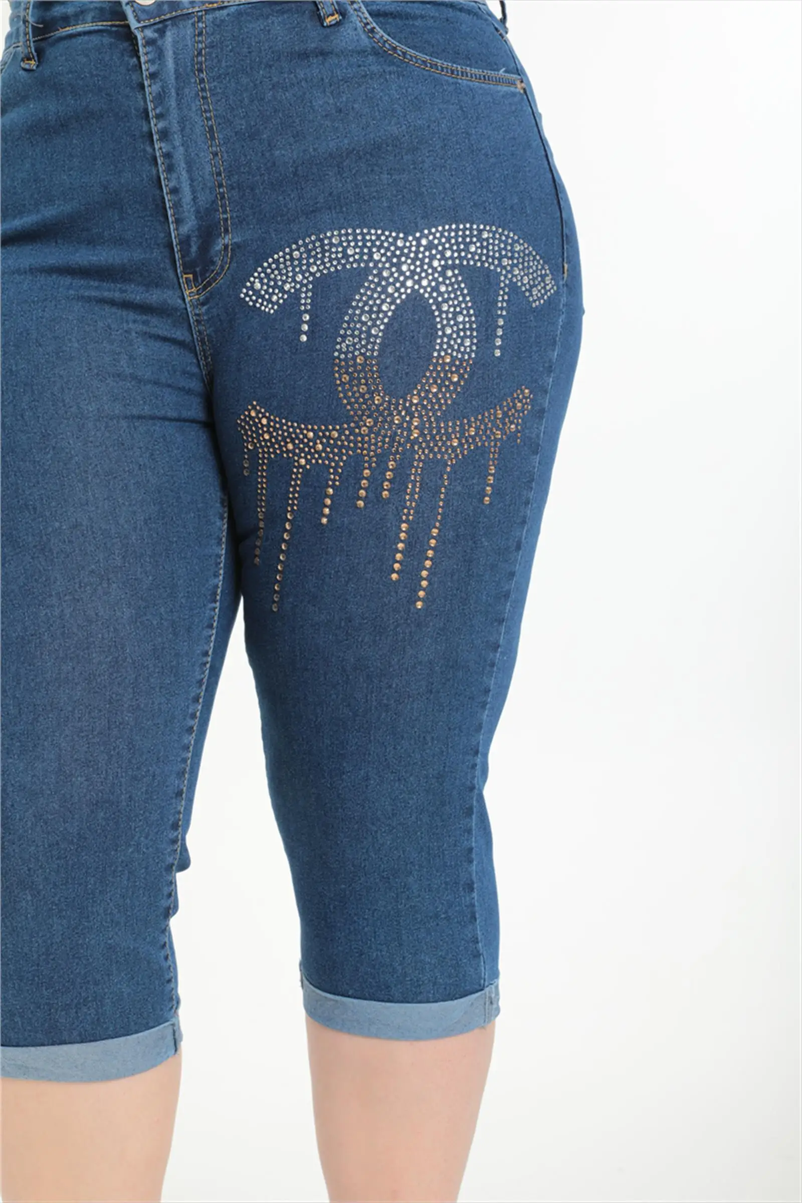 Diaves Plus Size Woman Summer Fashion High Waist Skinny Capris Pearl Stone Embroidered Denim Jeans Turkish Quality