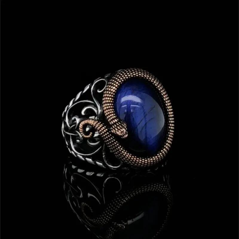 925K Blue Tiger Eye And Snake Motif Handmade Masterwork Sterling Silver Antique Turkish Master Hand Men's Rustic Accesory ForMen