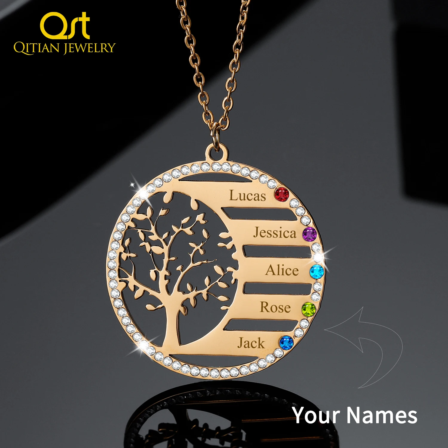 Personalized Family Tree Name Necklace With Birthstone Crystal Pendant Engrave Name Chain Stainless Steel Jewelry Christmas Gift