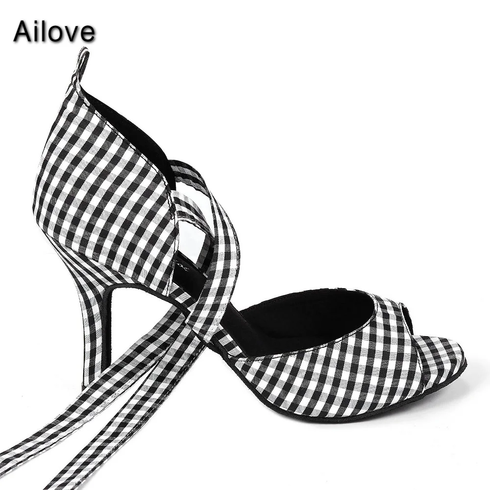 Ballroom Tango Salsa Latin Dance Sandals Modern Plaid Patterns Lace-up Dancing Shoes Factory Outlet Multiple Heel Height