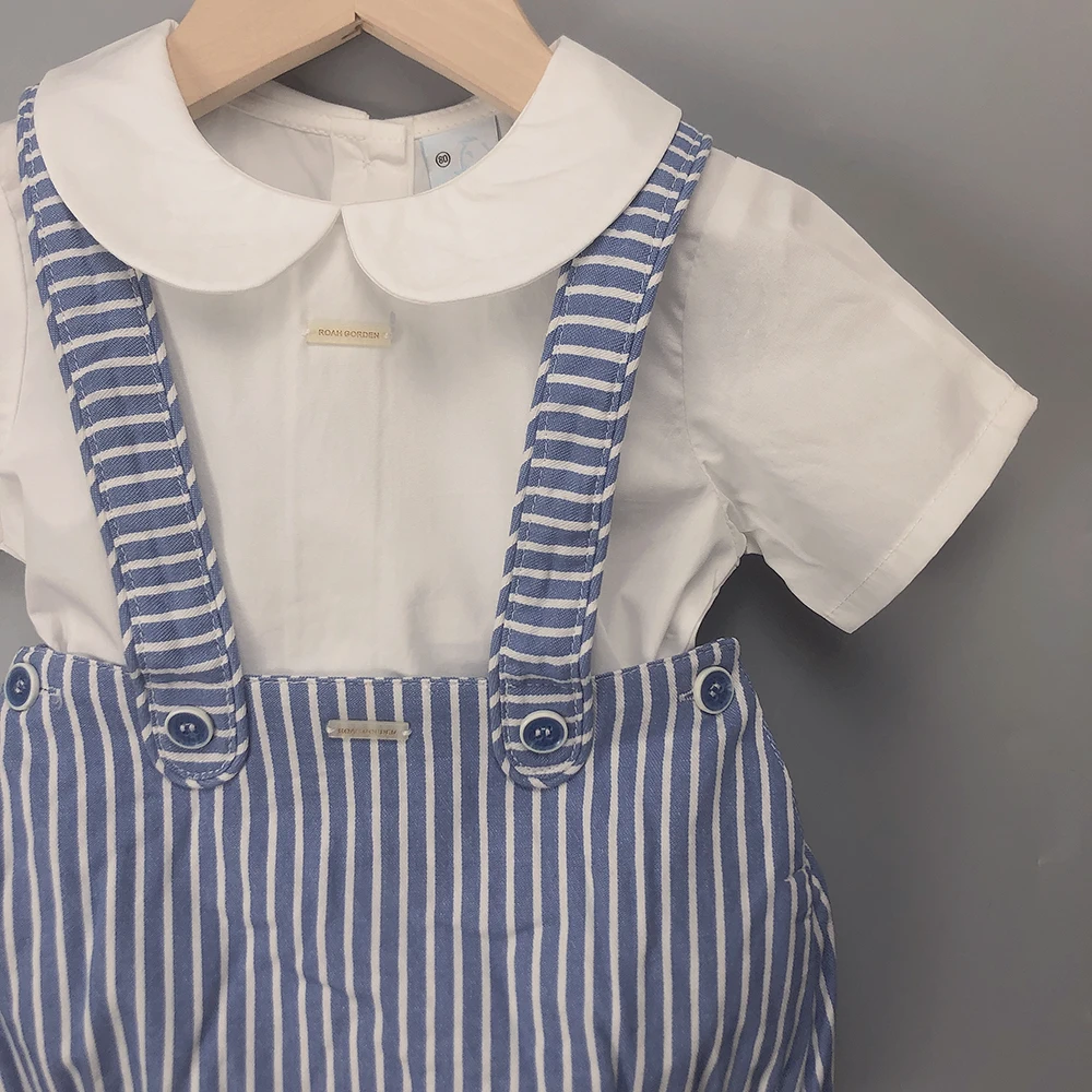 2Pcs Children Boutique Clothing Baby Boy Blue Navy Set Cotton Short Sleeves Shirt  Striped Straps Shorts Eid Clothes For 6m-3y