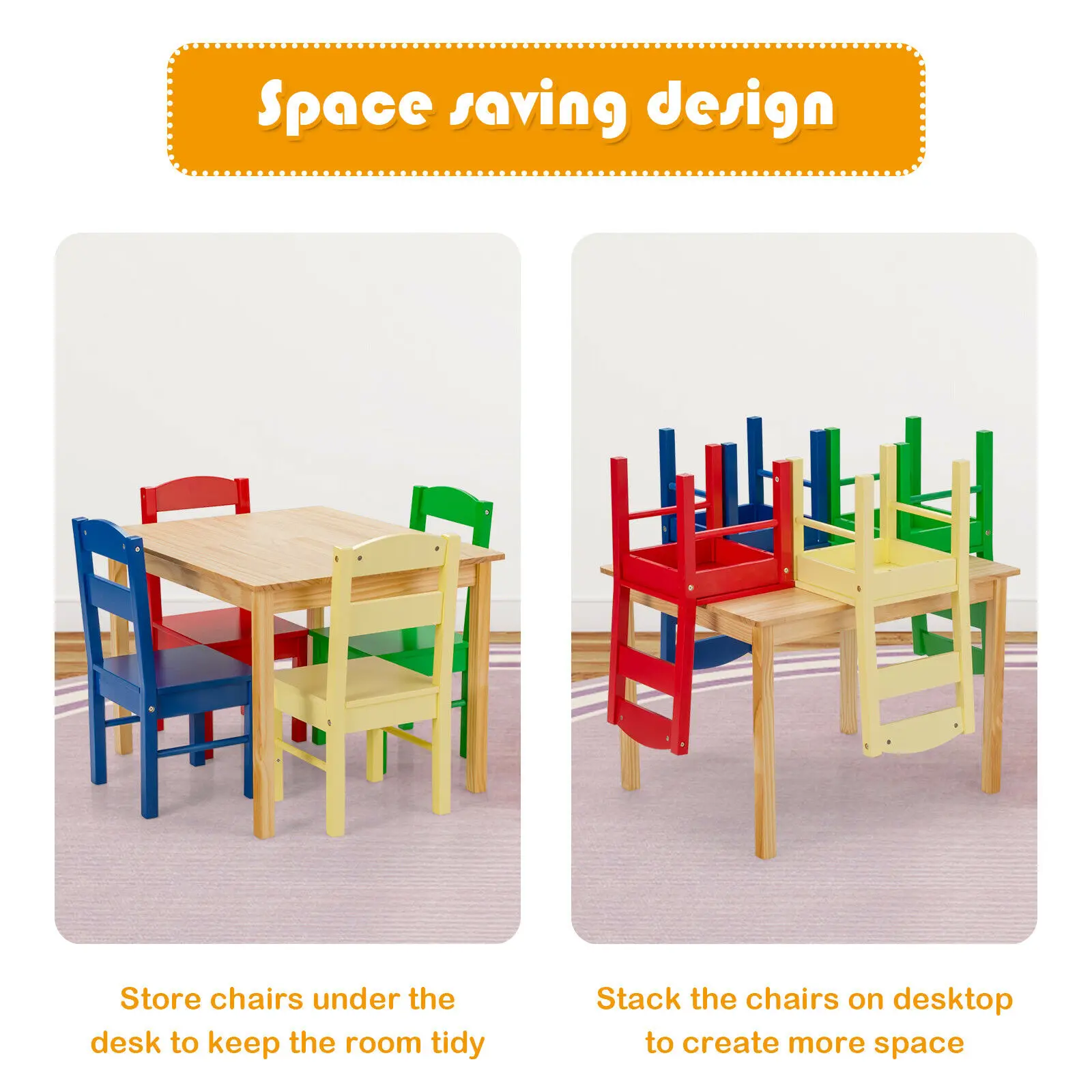 Conjunto de mesa y sillas para niños, muebles de madera de pino Multicolor, 5 piezas, HW64364MC