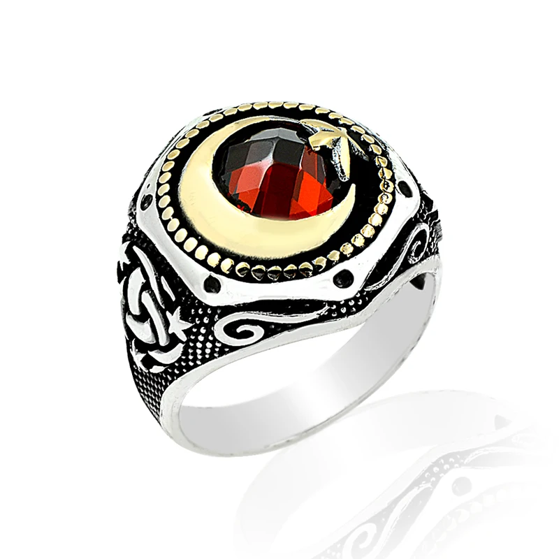 925 Silver Moon and Star Printed Ethnic English Men Rings