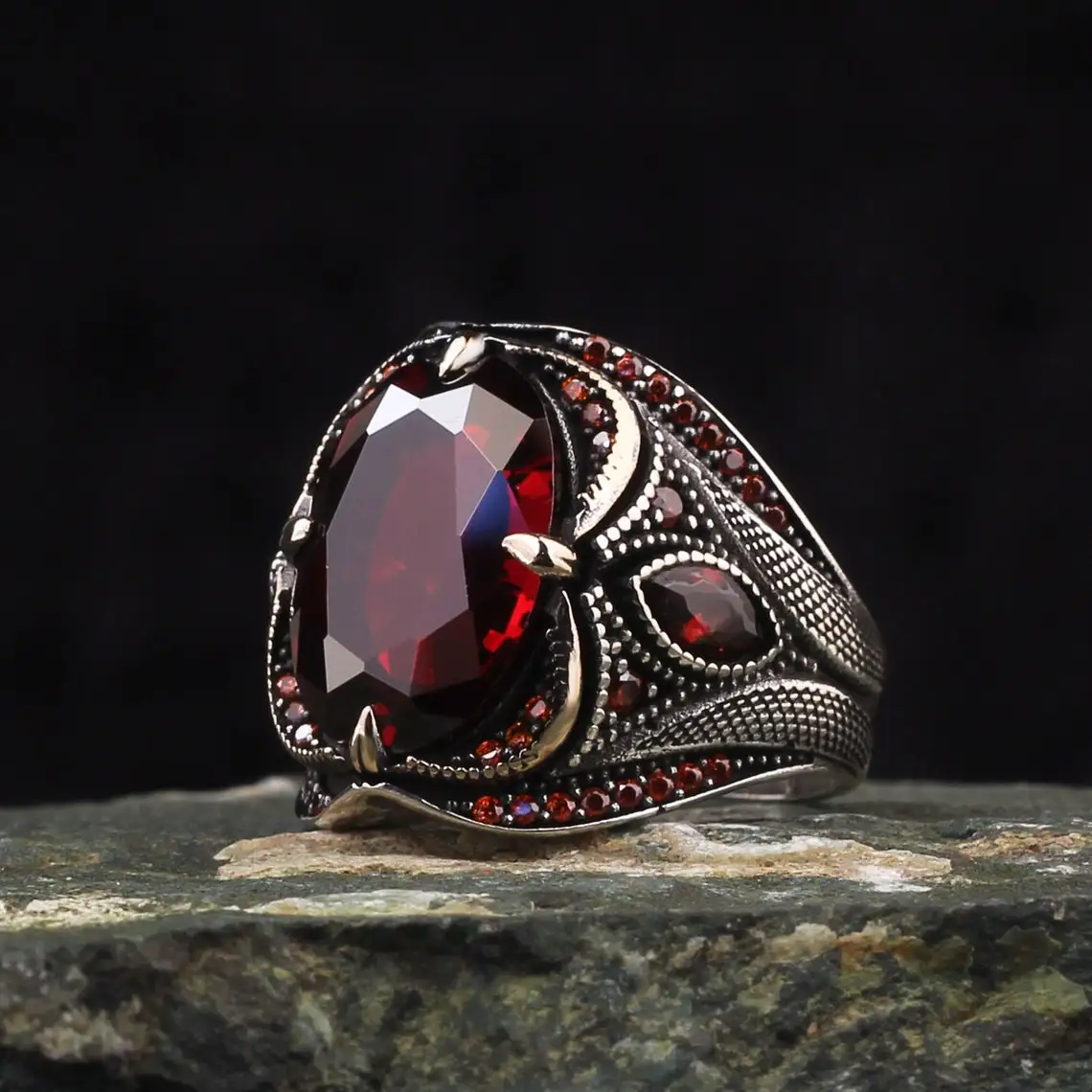 925 Sterling Silver Garnet Stone Men Silver Ring,Red Zircon Stone Men's Ring, Handmade Engraved Men's Silver Ring