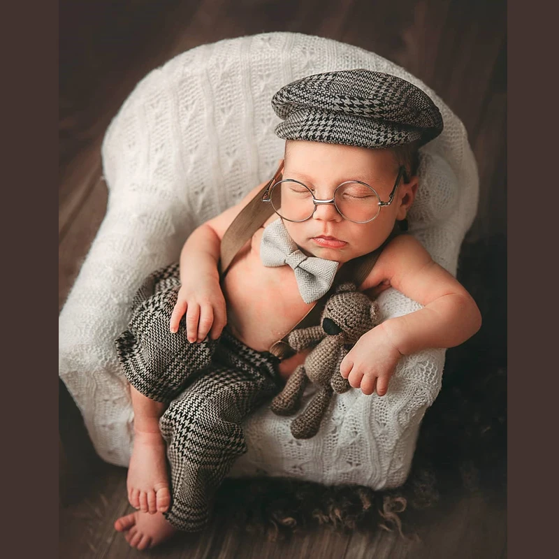 

Newborn Clothes Boy Romper Hat Suits Set with Suspenders Baby Photography Prop Sessions Onesie Newborn Photo Outfit Flat Cap