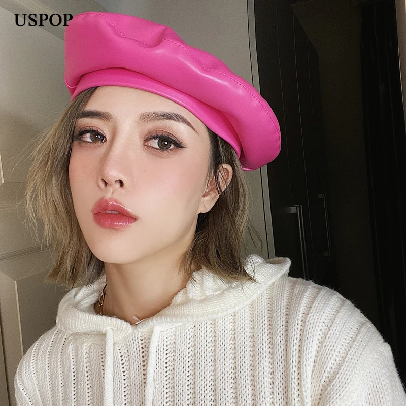 USPOP Autumn Winter Hats Women Berets Solid color PU Leather Beret Hat Rose red Berets