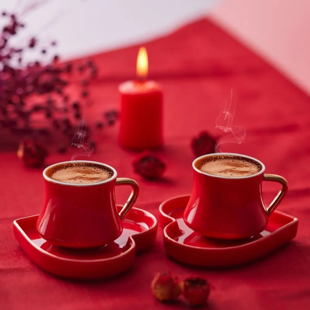 Valentine's Day 2 Person 4 Pieces Coffee Cup Set Red-White Tea and Coffee Set Lux Cup and Saucer Coffee Accessories Kitchen Gift