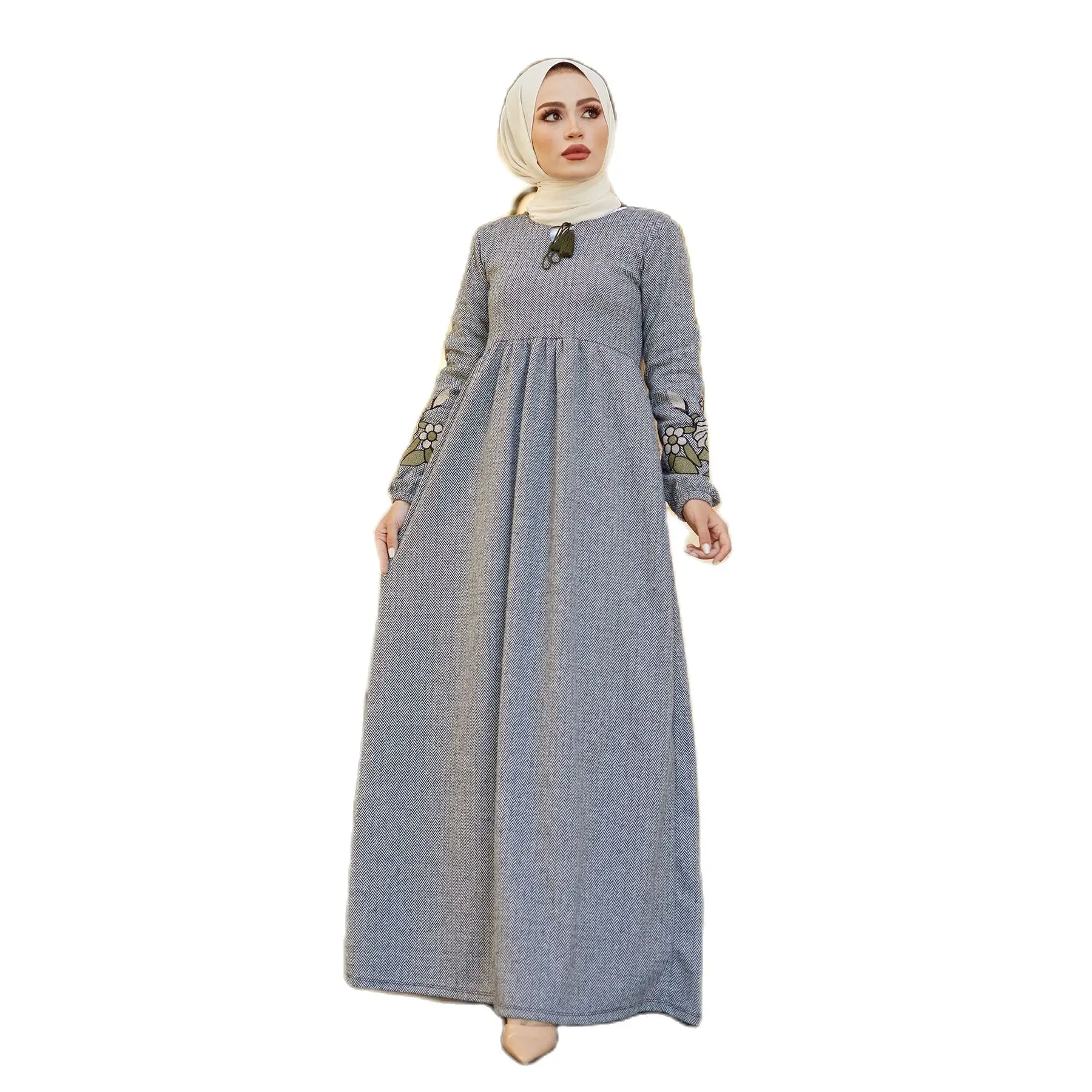 Big Size Maxi Women's Dress Herringbone Fabric Collar Detailed Long Flower Pattern Sleeved Dress Turkey Muslim Fashion Abaya