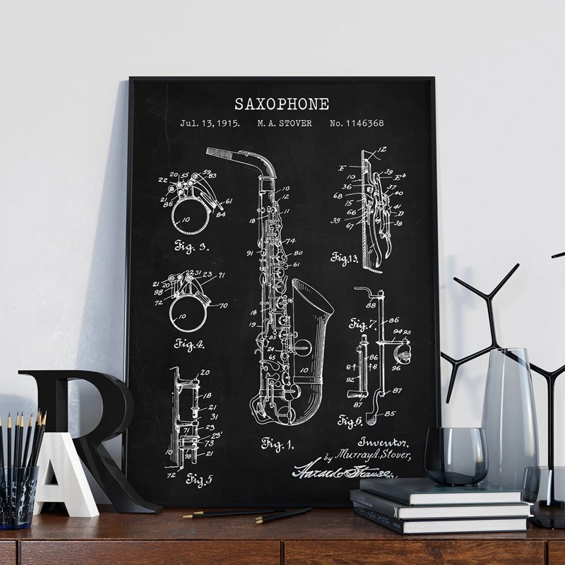 Saxophone Patent Vintage Poster Prints Musician Saxophonist Gifts Musical Instrument Blueprint Art Canvas Painting Wall Decor