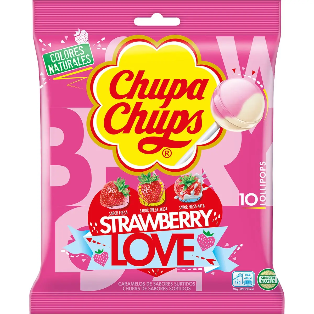 Chupa Chups Strawberry Love-box with 12 bags of 120gr - Mix of delicious Strawberry candies, sour Strawberry and fres-cream, gluten-free and with the stick of paper-this product does not contain gluten