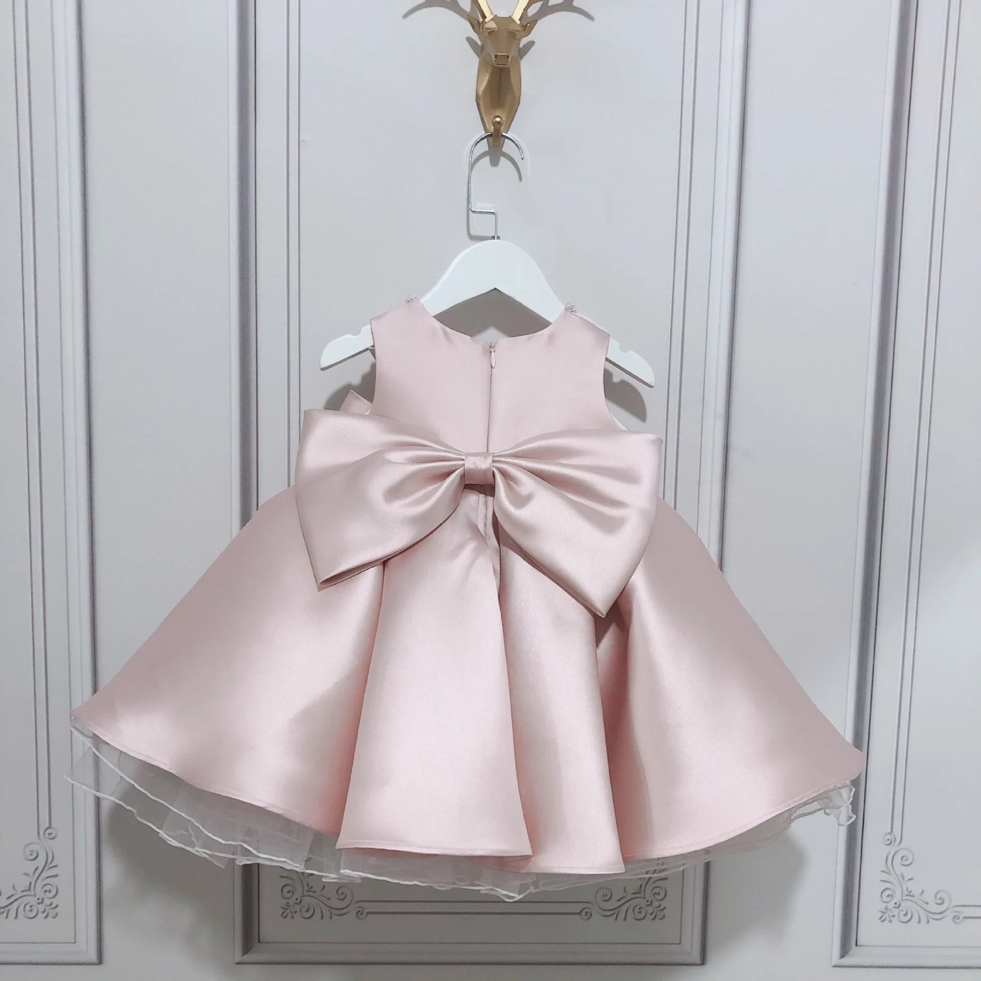 Vestido de princesa de satén para niñas pequeñas, traje de baile de fiesta de cumpleaños y graduación, con perlas y lazo de talla de 6 meses a 9 años, novedad de 2021