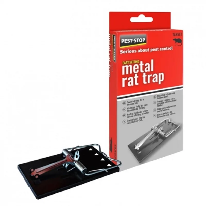 PEST-STOP Easy-Setting metal rat trap. The Pest-Stop easy-fitting metal rat trap is a durable, highly effective trap built with strong metal with a reinforced base. With powerful spring