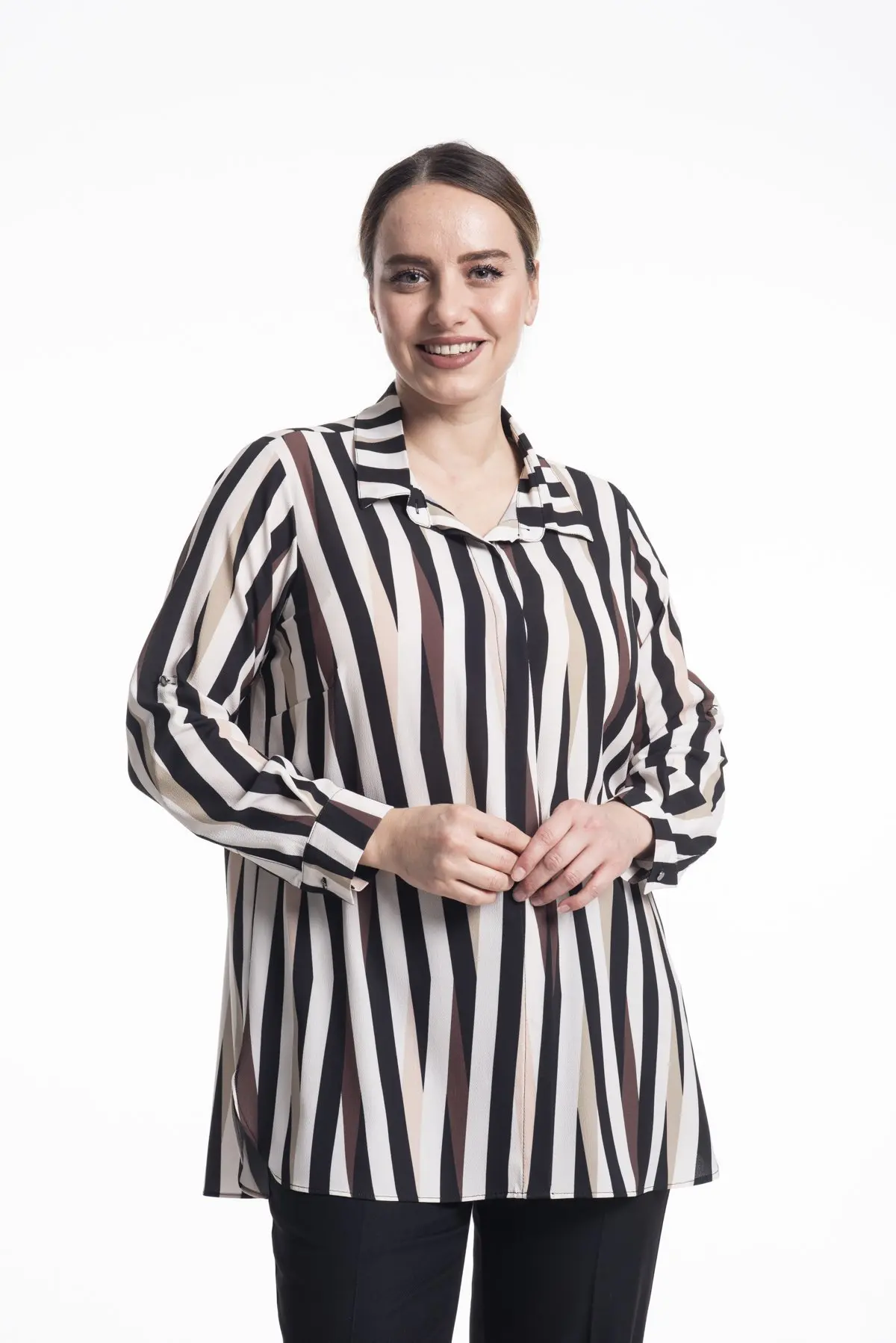 Hanezza Plus Size Women Fashion 2021 Summer Clothing Striped Long Sleeve Elegant Knitted Shirts 2XL - 6XL Large Size Turn-Down Collar Pocketless Chic Tops + 42 - 52 EU Office Wear Female Coffee, Red, White