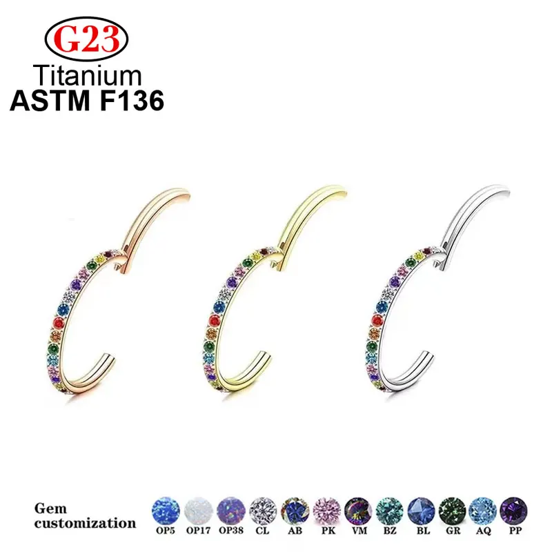 

New G23 Titanium Rainbow Zircon Hight Segment Rings Open Small Spetum Piercing Nose Ring Earring Fashion Body Jewelry 16G