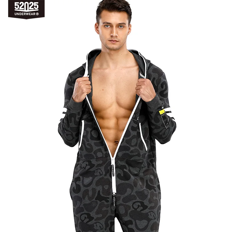 52025 Mens Hooded Camouflage Jumpsuit One Piece Pajamas Cotton Homewear Home Suit Hooded Pajamas Set Onepiece Lounge-Onesie