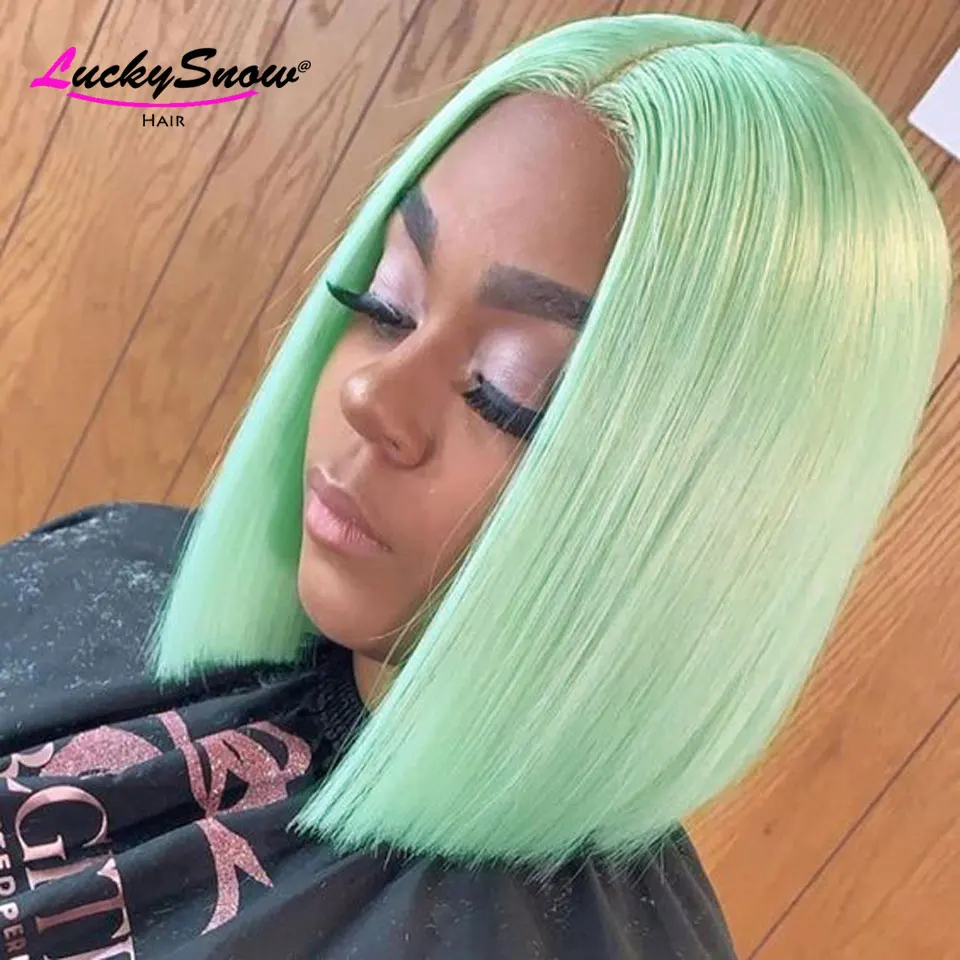 

Brazilian Colored Human Hair Wig Cosplay High Quality For Women Mint Green Straight Short Bob Transparent 13x4 Lace Front Wigs