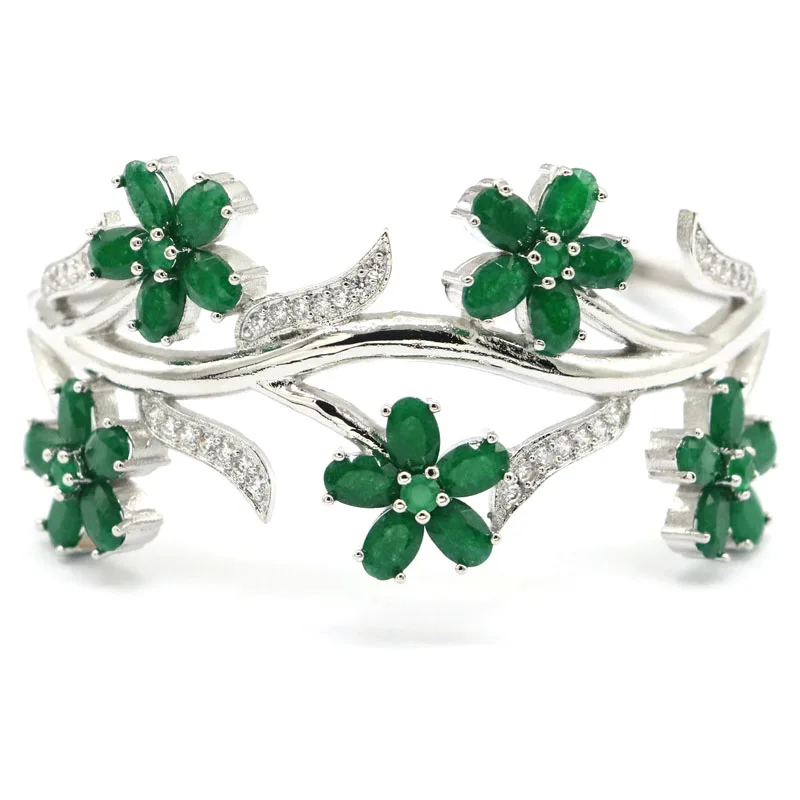 Buy 6 Get 1 Free 60x30mm Flowers Real Green Emerald Red Ruby White cz Women Wedding Silver Cuff Bangle Bracelet 7.5