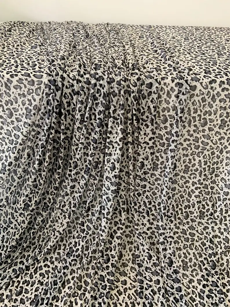 Blue 4 Way Stretch Tulle Fabric With Leopard Pattern Power Mesh Fabric Soft Elastic Tulle Fabric Super Smooth Well Drape