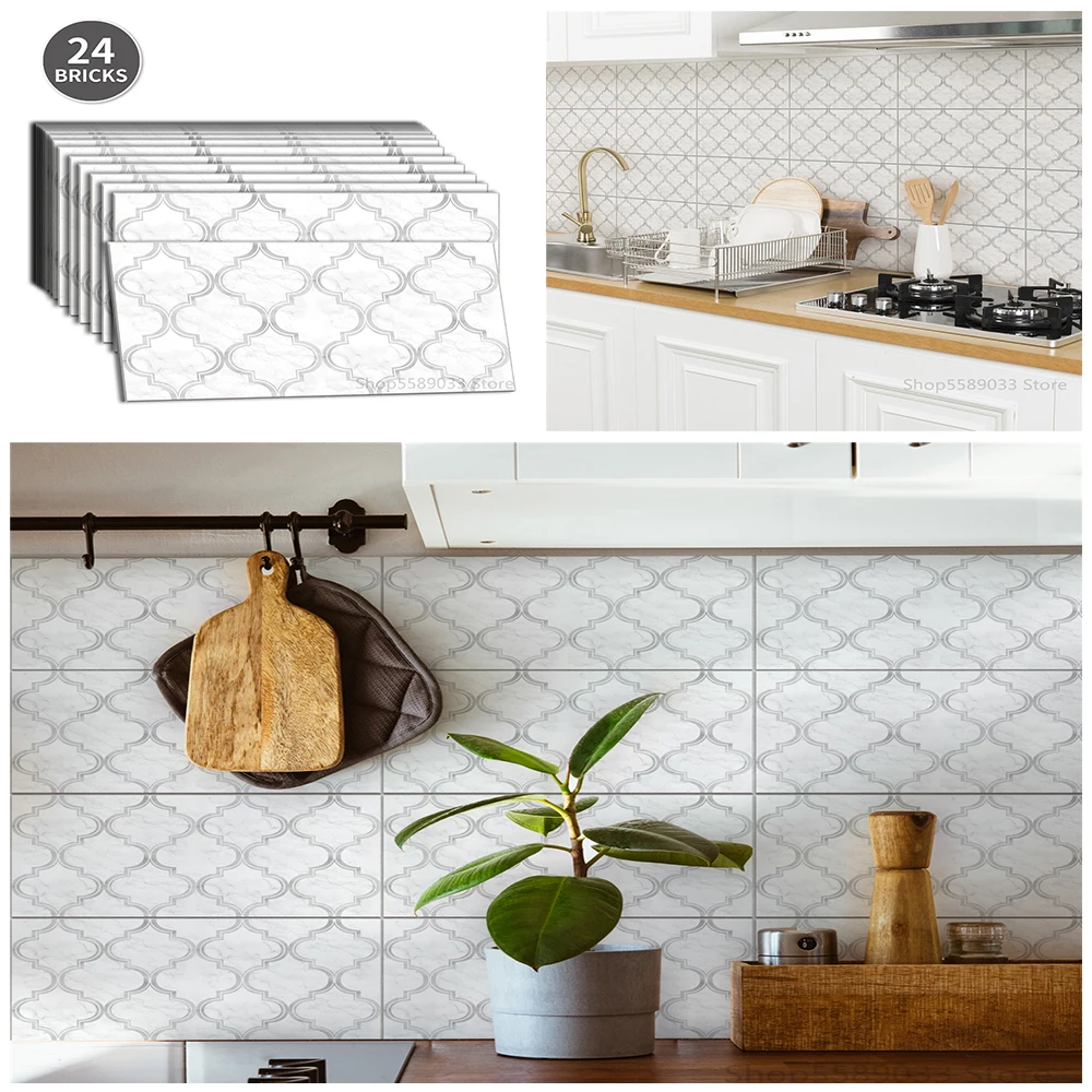 24pcs White & Grey Kitchen Countertop Wall Tile Sticker Vinyl Thicker Self Adhesive Wallpaper For Bathroom Washstand Waterproof