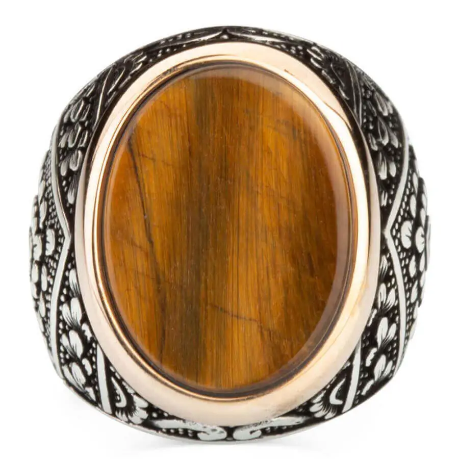 Symmetrical Sterling Silver Mens Ring with Brown Tigereye Stone Fashion Turkish Premium Quality Handmade Jawelery