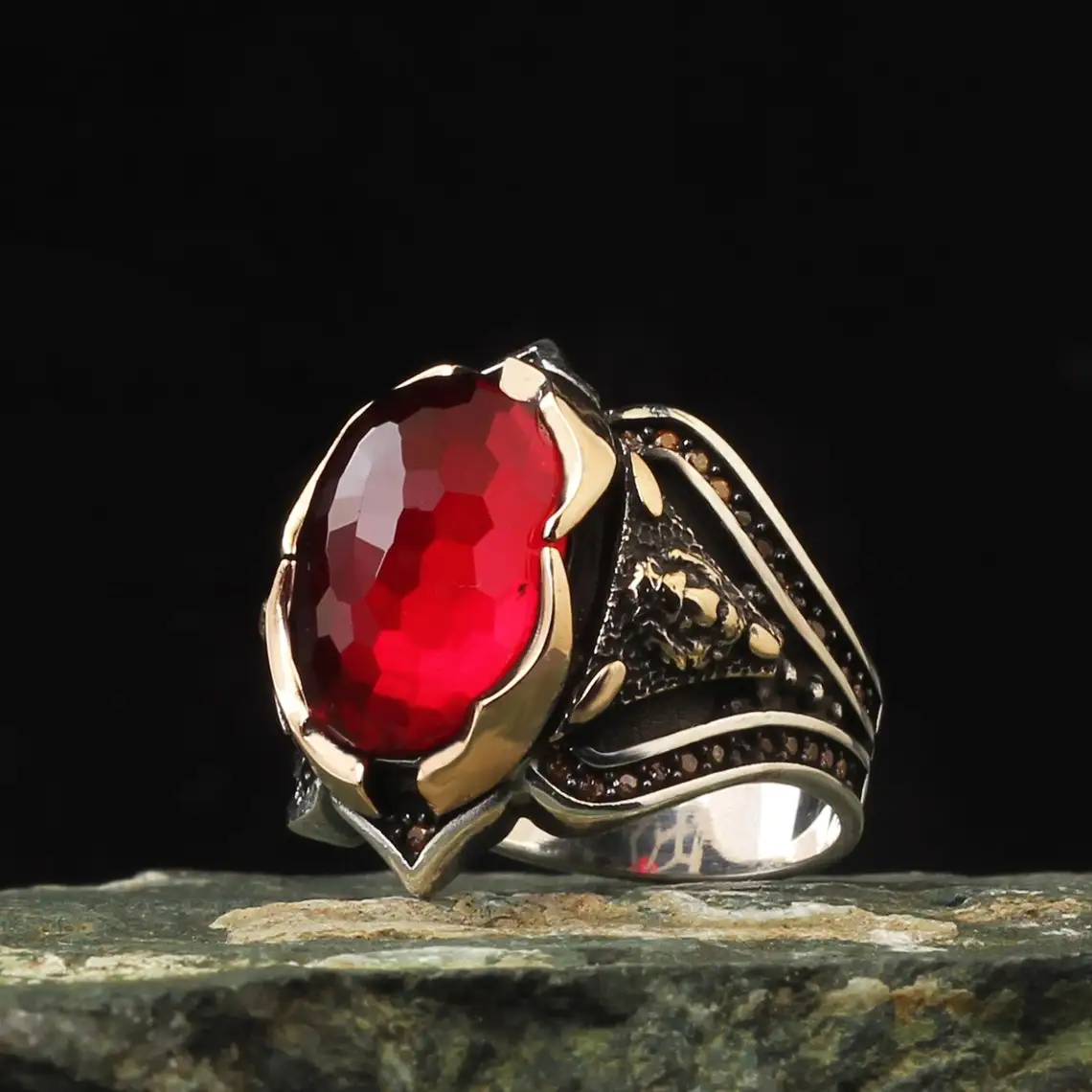 925 Sterling Silver Mens Ring Red Zircon Stone Lion Head Engraved Men's Ring, Turkish Silver Ring For Men, Silver Lion Ring