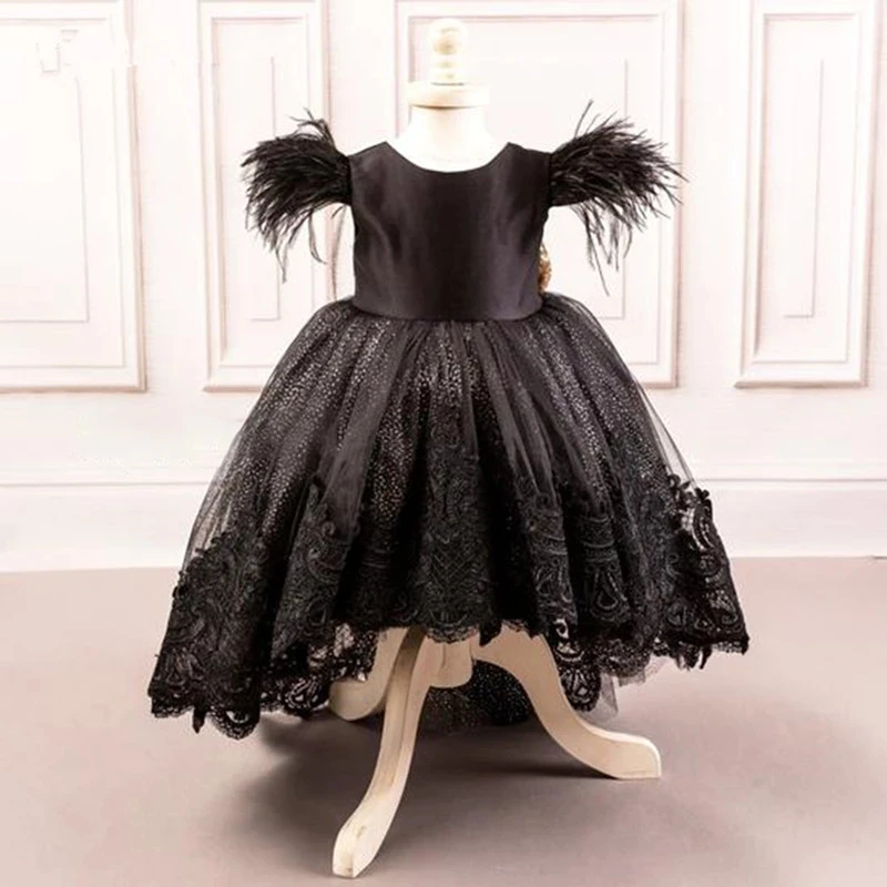 

High-low Black Lace Kids Party Dresses Glitter Sequin Bow Knot Pagnant Gowns Feather Sleeves V Back Flower Girl Dresses