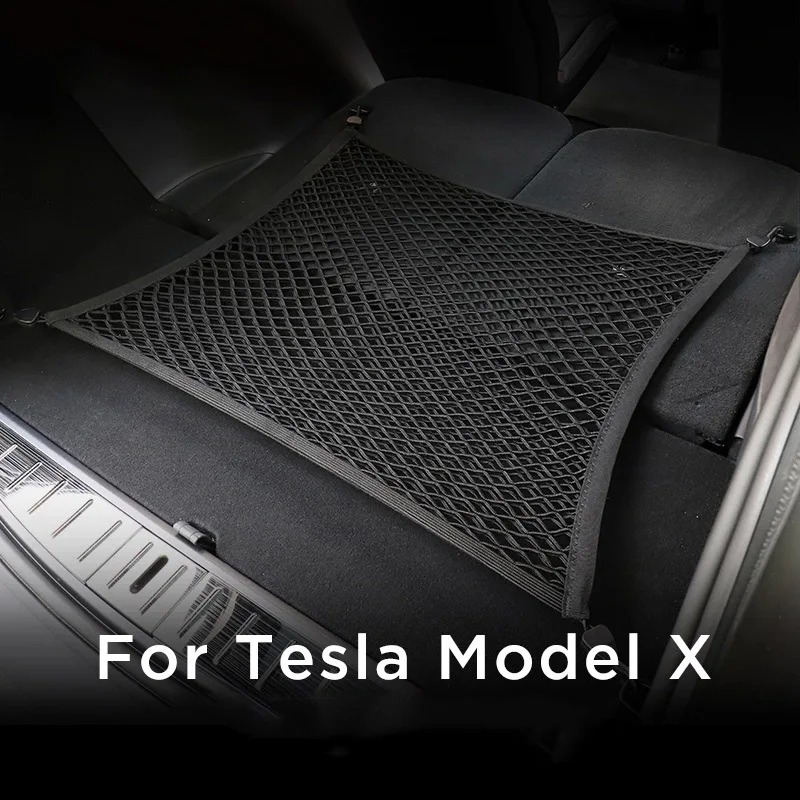 Per Tesla Model Y Cargo Bay Holding Net organizzatore di stoccaggio del bagagliaio in rete a doppio strato e gancio di fissaggio da 4 pezzi