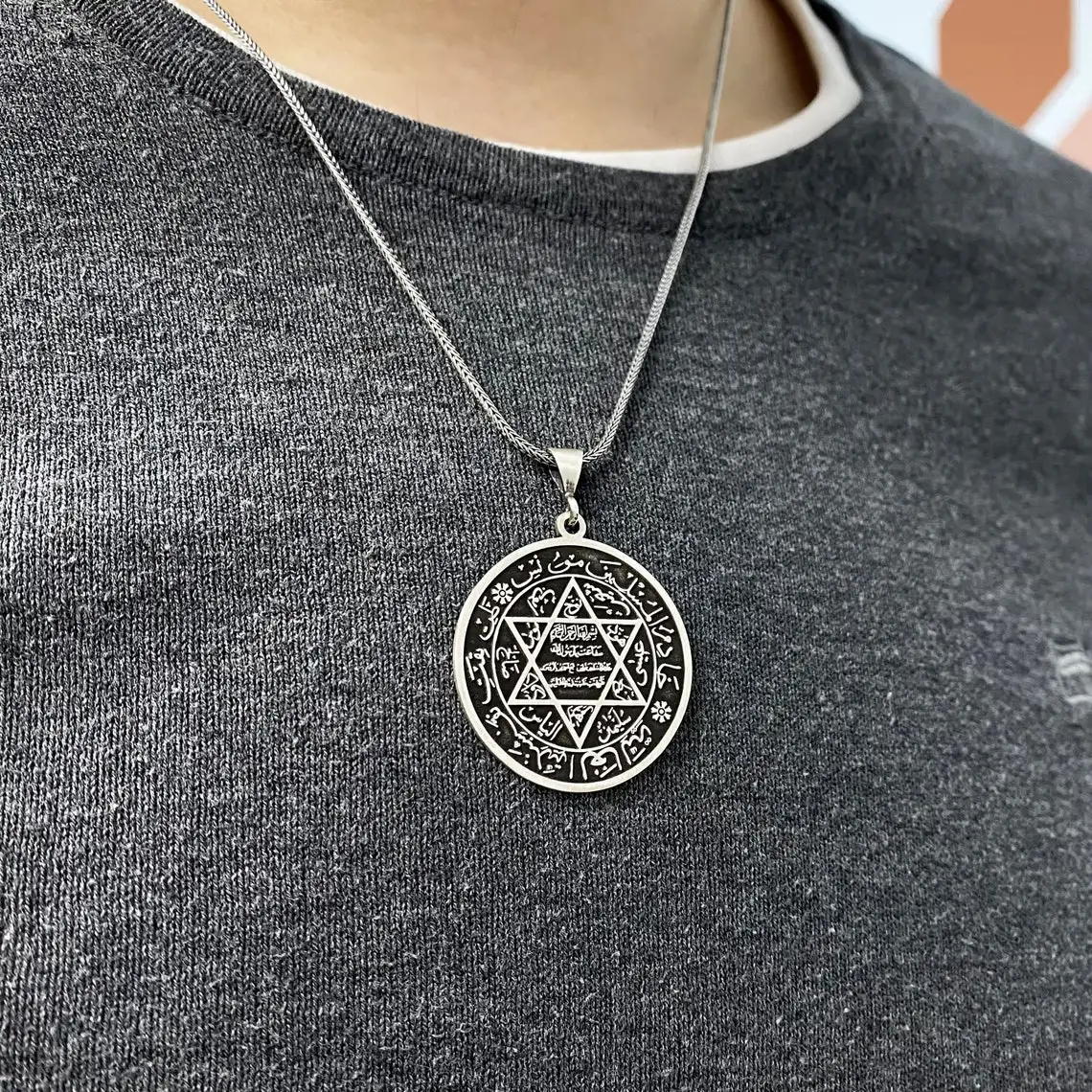 Elegant Double Sided Pendant in 925 Sterling Silver Seal Of Solomon And 99 Names Of Allah Esmaul Husna Men's Necklace Jewelry