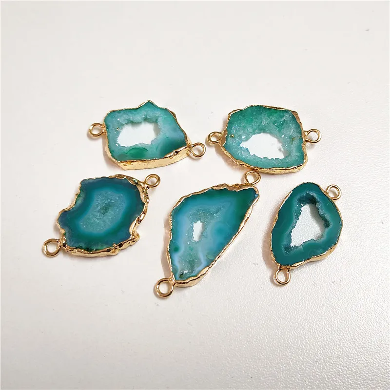 FUWO Natural Druzy Agates Slice Connector With Golden Plated Geode Charm Accessory For Bracelet Making PD228