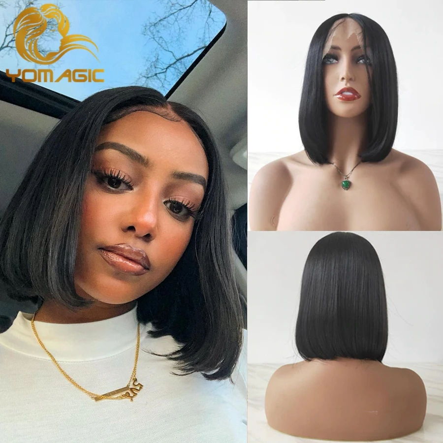 Yomagic Hair Black Color Synthetic Hair Lace Part Wigs with Baby Hair Straight Hair Short BoB T Part Lace Wigs with Pre Plucked