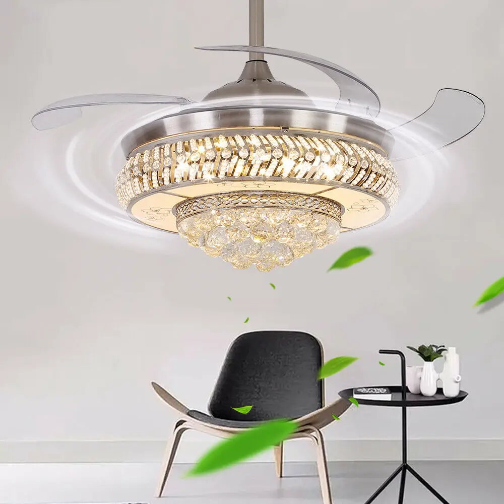 OUKANING Modern Crystal Invisible Ceiling Fan Light with Remote Control Chandelier for Living Room Application