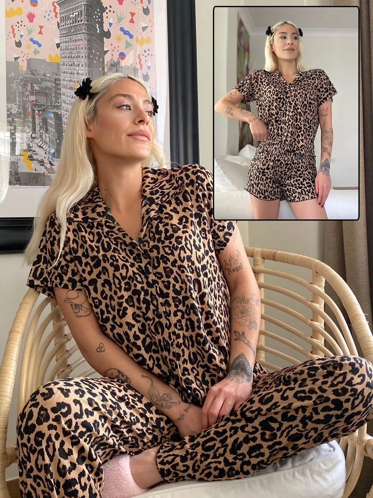 

Women's Underwear Leopard print Shorts And Long Front Button Short Sleeved Knitted Fabric pajamas set