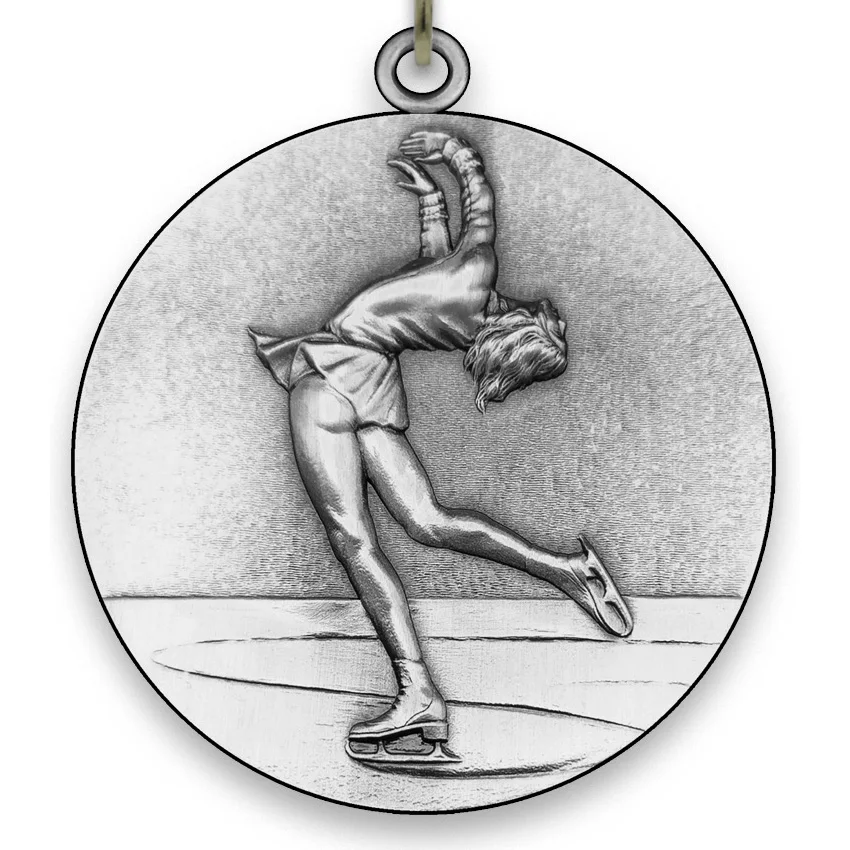 Large Meta Figure Skating Female - Silver Medal - 6,4 cm - with Neck Ribbon size 2,2cm x 80 cm - Choice of Ribbon Colours.